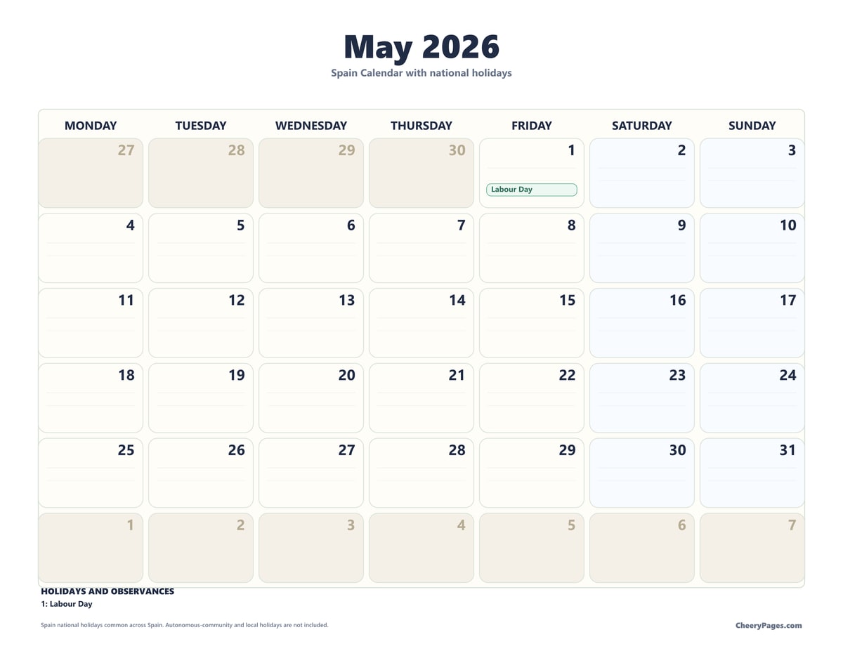 Spain May 2026 Calendar - Notes printable preview