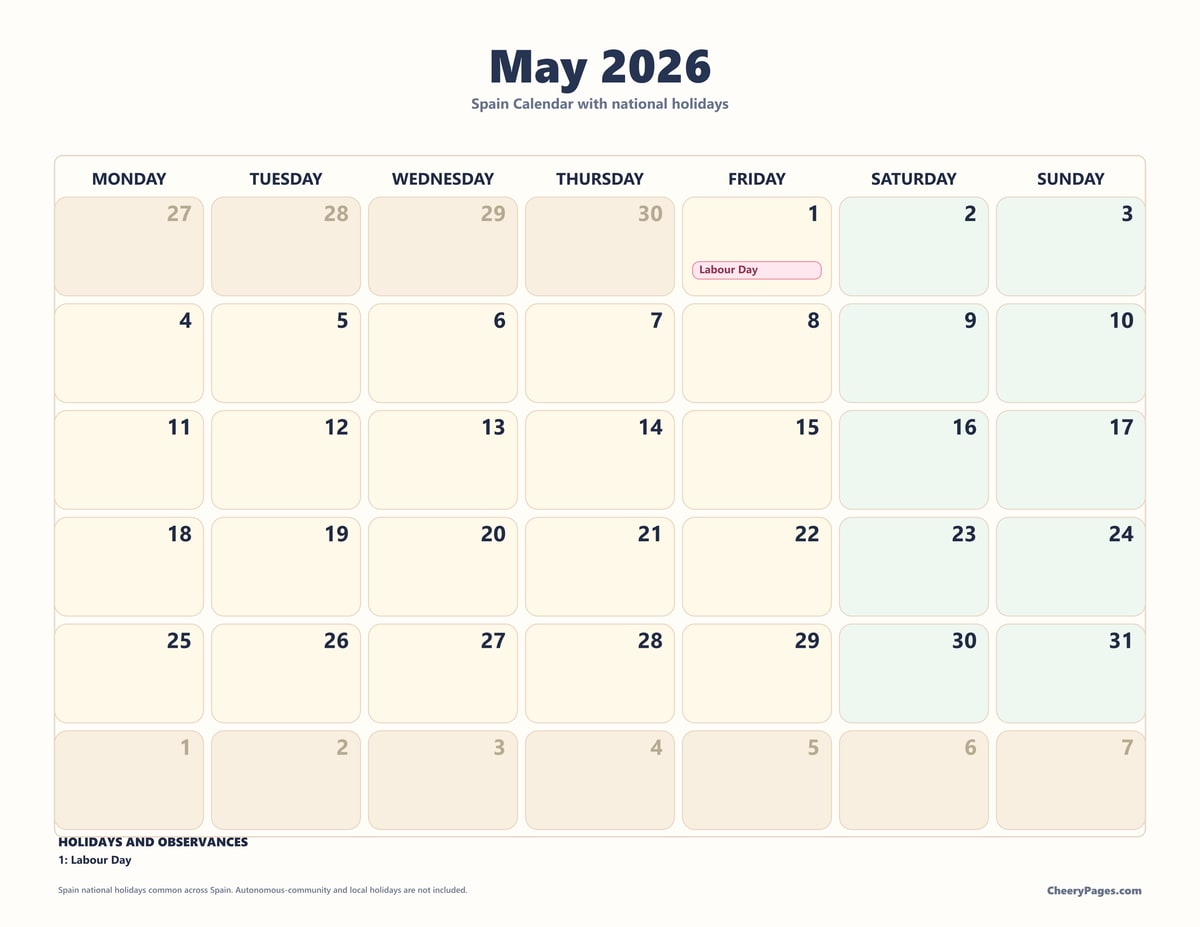 Spain May 2026 Calendar - Pastel printable preview