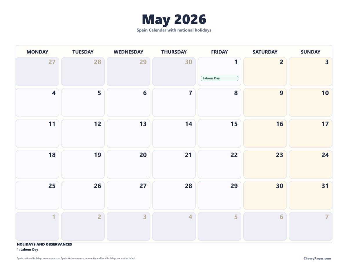 Spain May 2026 Calendar - Soft Grid printable preview