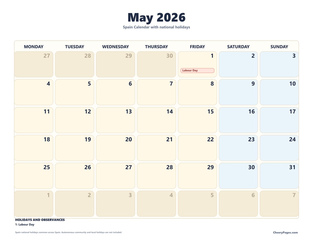 Spain May 2026 Calendar - Weekend Shaded printable preview