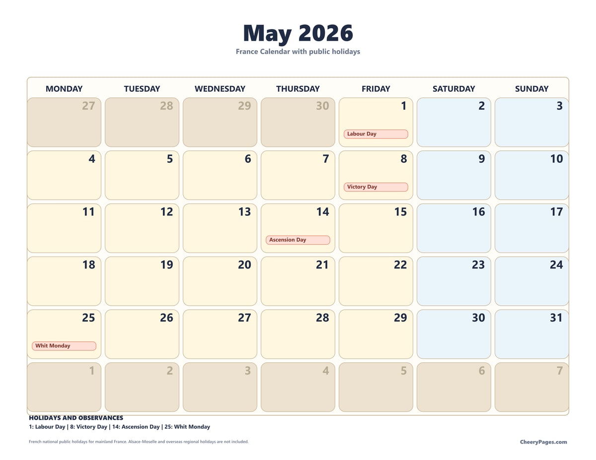 France May 2026 Calendar - Bold printable preview