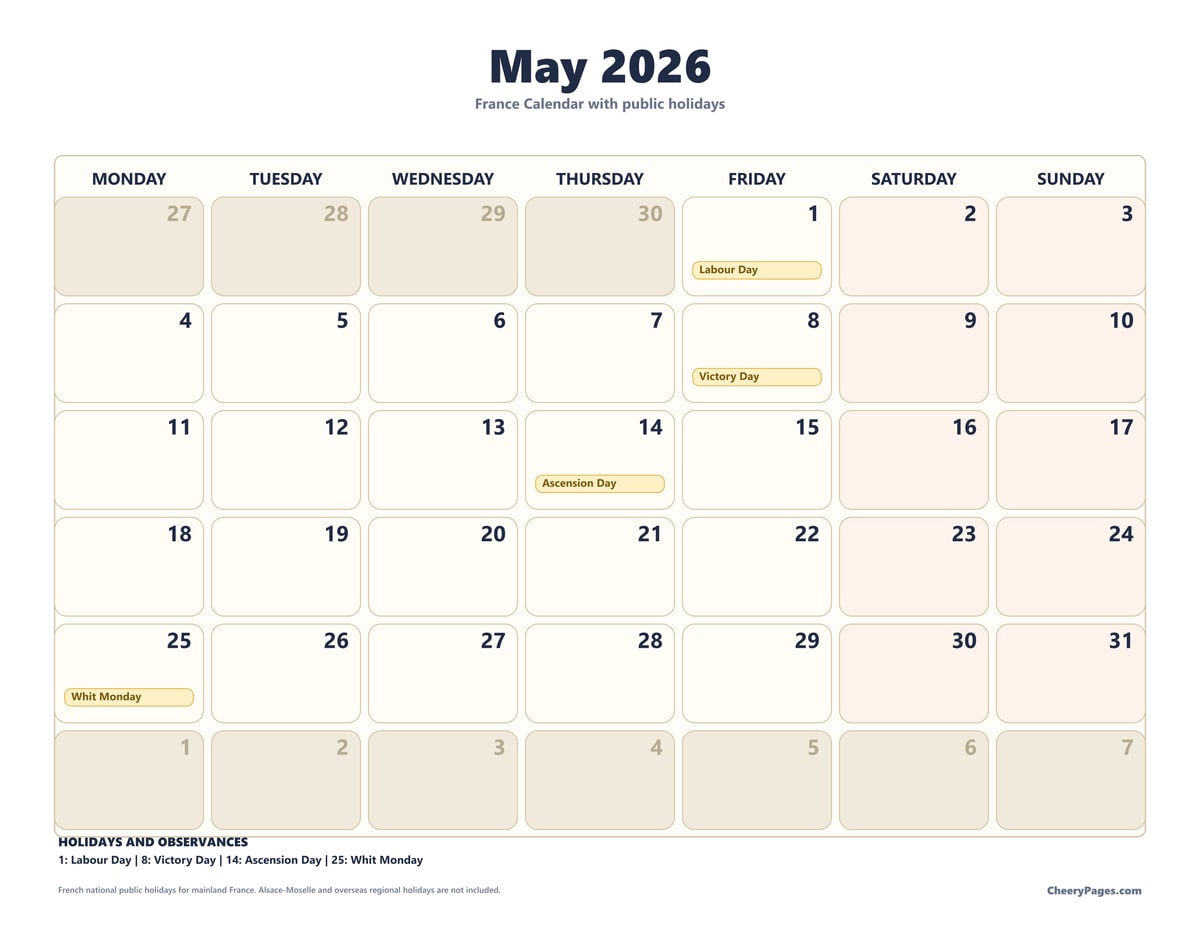 France May 2026 Calendar - Classroom printable preview