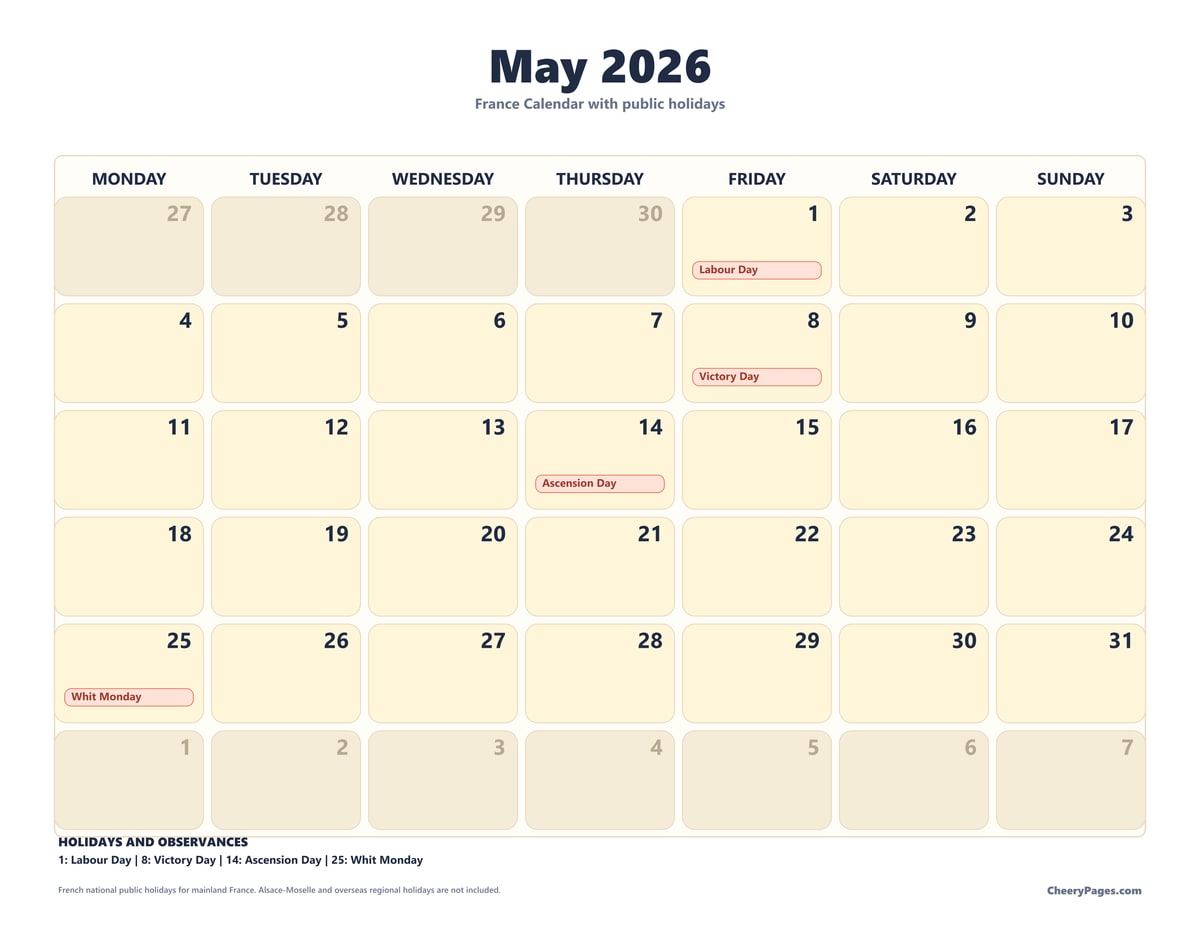 France May 2026 Calendar - Clean printable preview