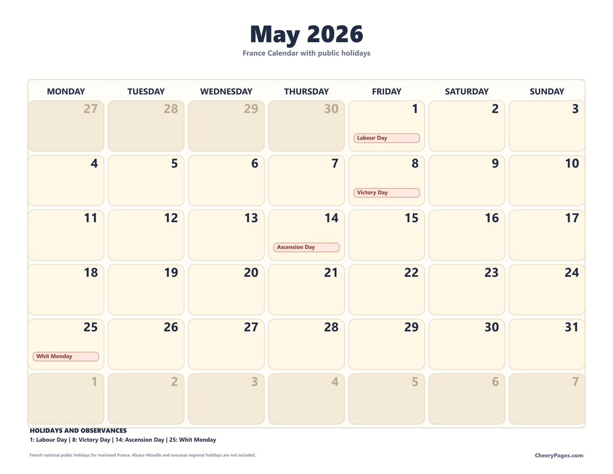 France May 2026 Calendar - Large Print printable preview