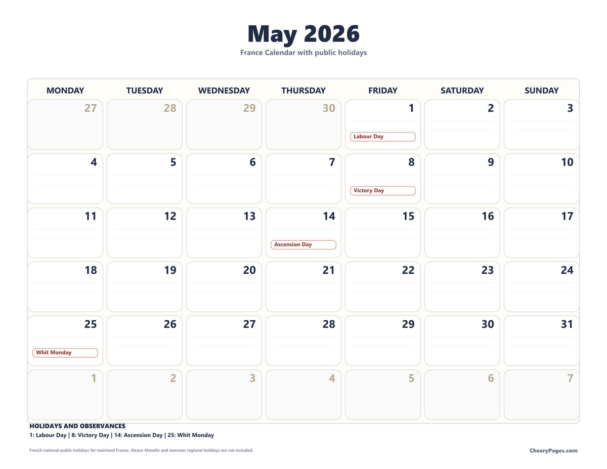 France May 2026 Calendar - Minimal Ink printable preview