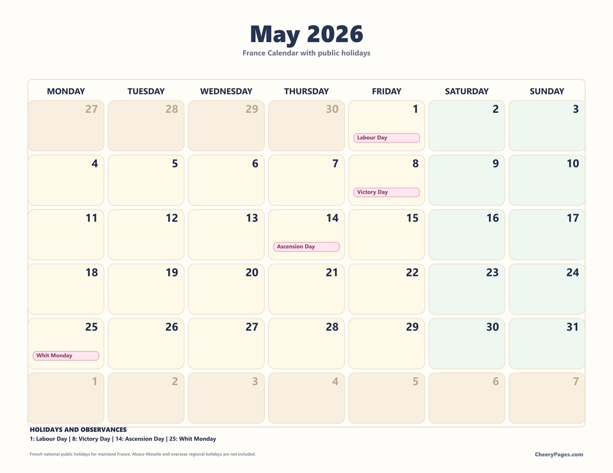 France May 2026 Calendar - Pastel printable preview