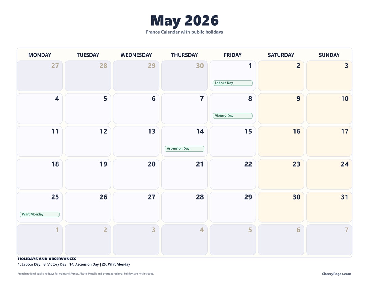 France May 2026 Calendar - Soft Grid printable preview