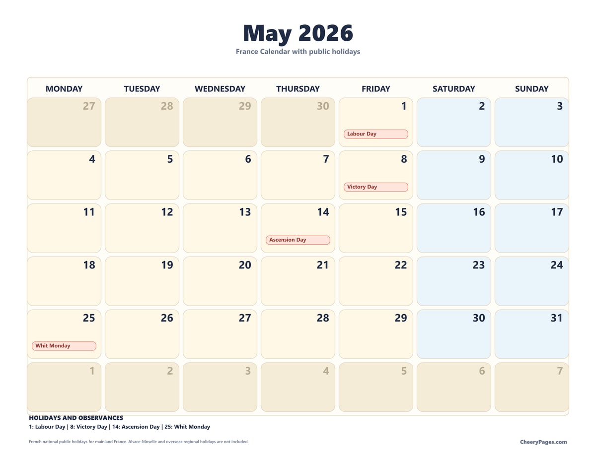 France May 2026 Calendar - Weekend Shaded printable preview