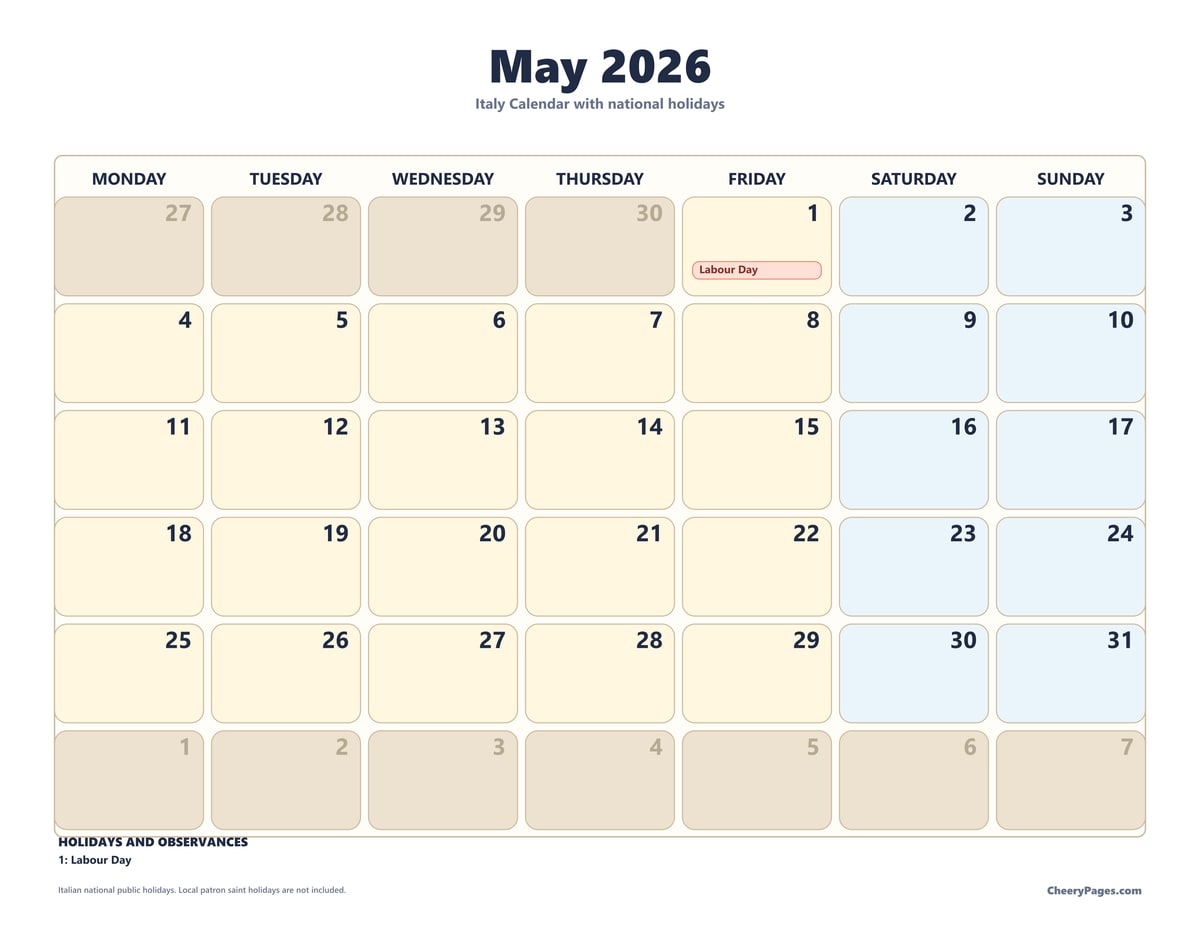 Italy May 2026 Calendar - Bold printable preview