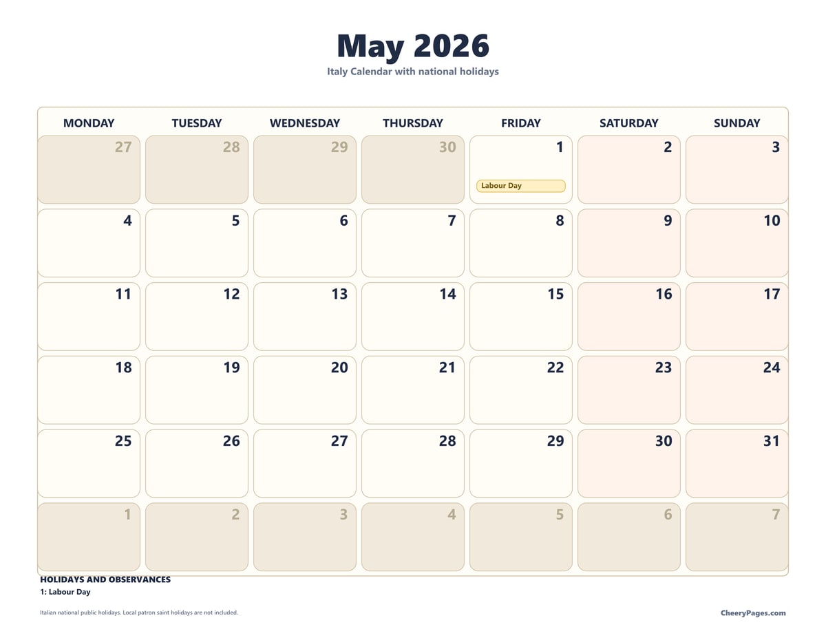 Italy May 2026 Calendar - Classroom printable preview