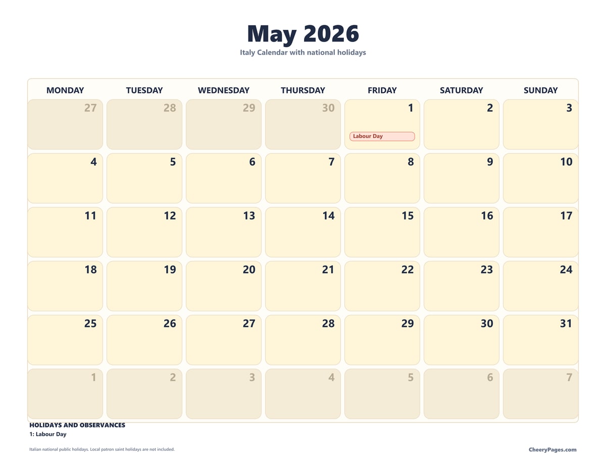 Italy May 2026 Calendar - Clean printable preview