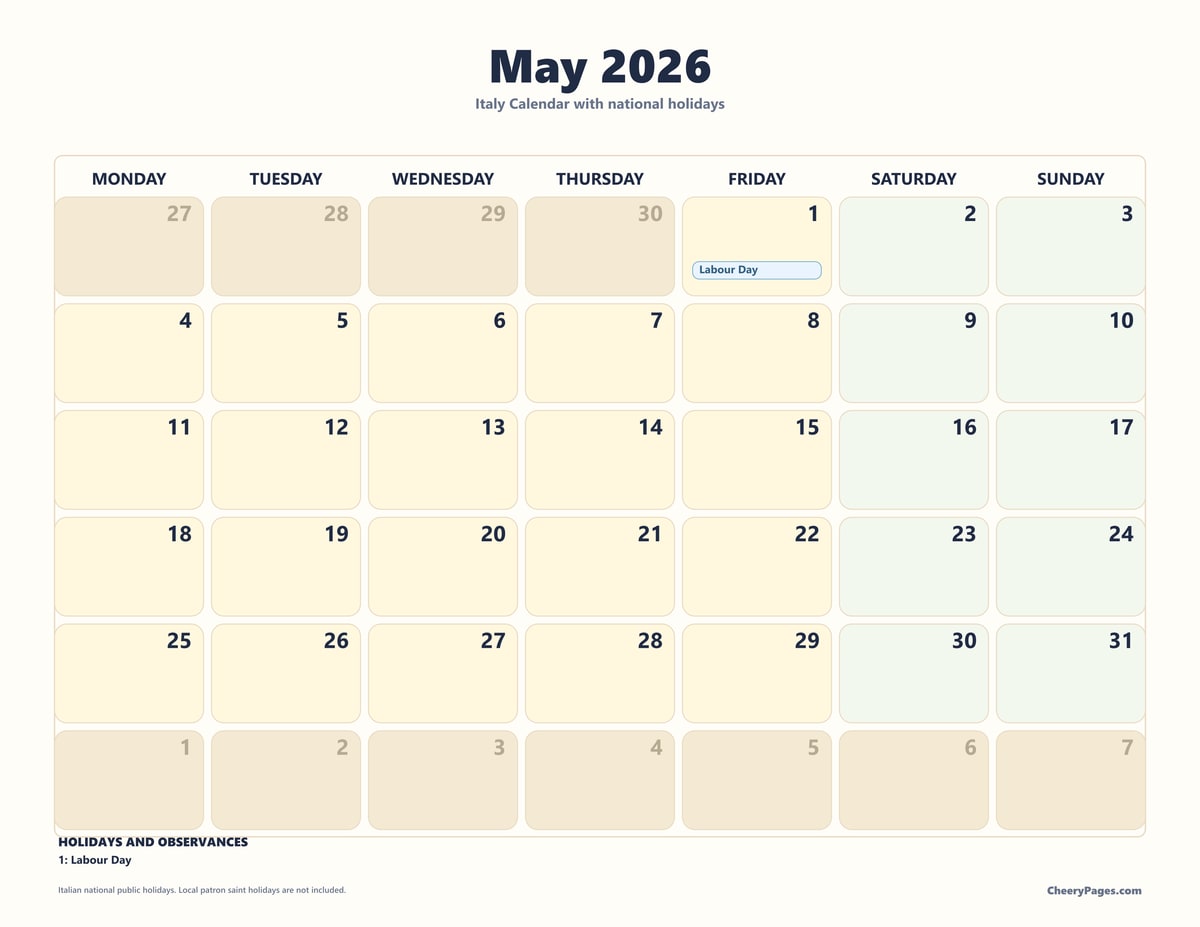 Italy May 2026 Calendar - Family Planner printable preview