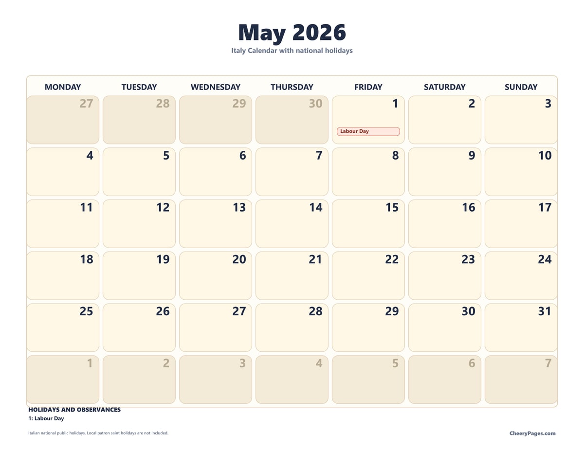 Italy May 2026 Calendar - Large Print printable preview