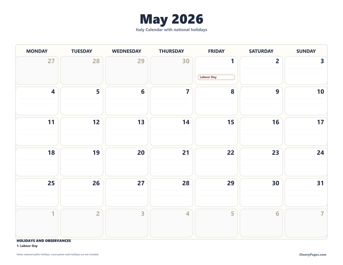 Italy May 2026 Calendar - Minimal Ink printable preview