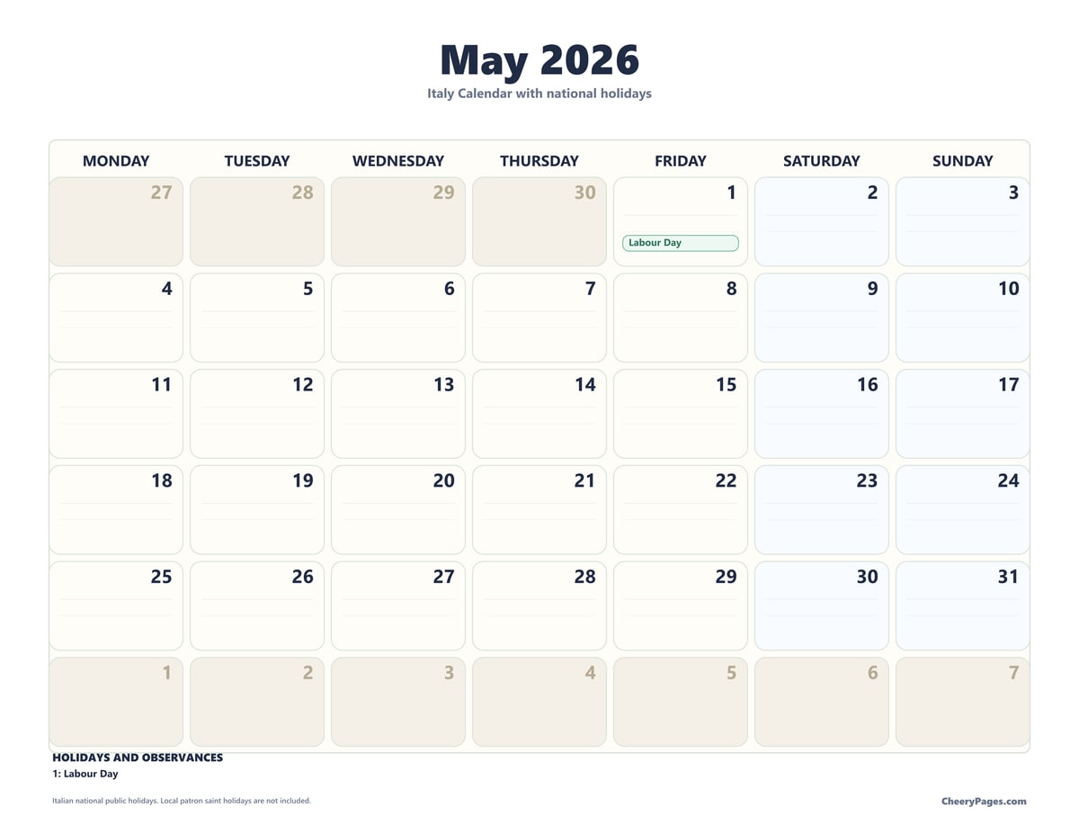 Italy May 2026 Calendar - Notes printable preview