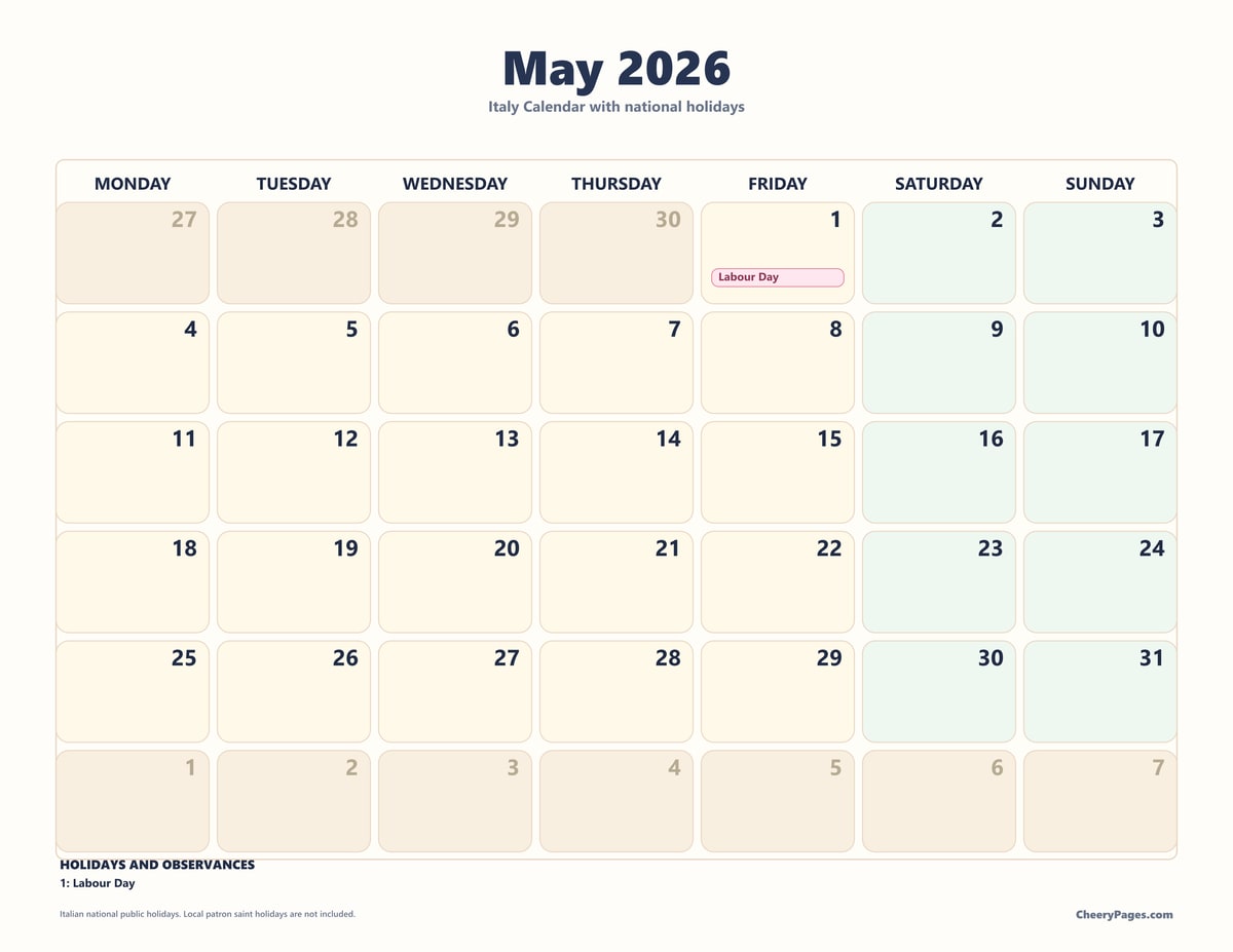 Italy May 2026 Calendar - Pastel printable preview