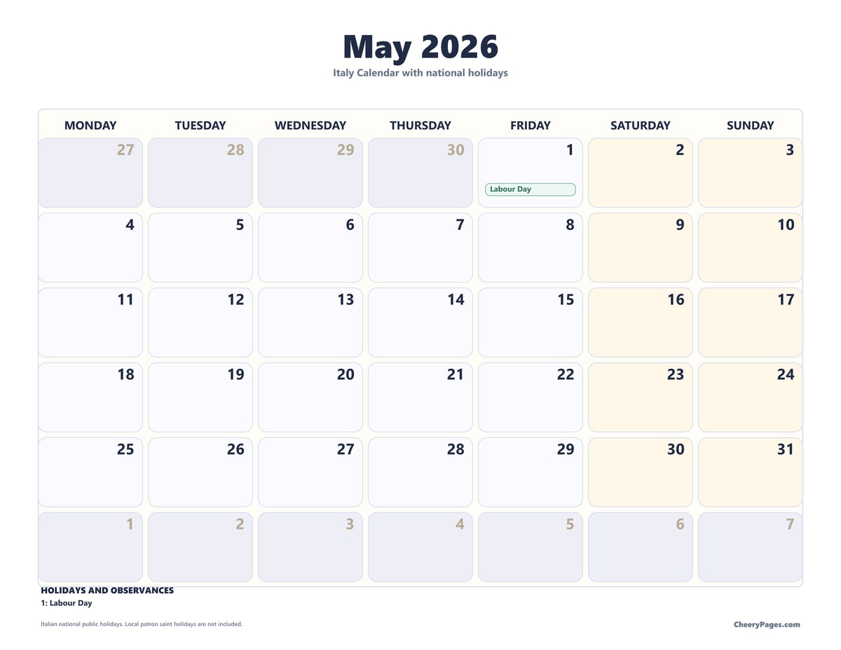 Italy May 2026 Calendar - Soft Grid printable preview