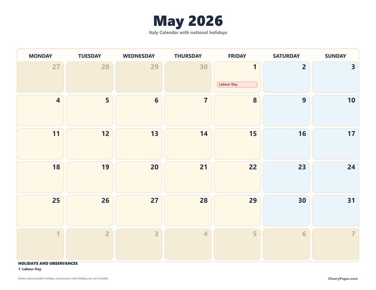 Italy May 2026 Calendar - Weekend Shaded printable preview