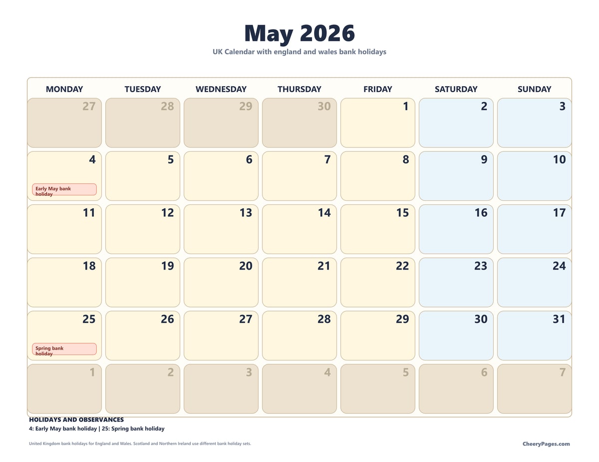 UK May 2026 Calendar - Bold printable preview