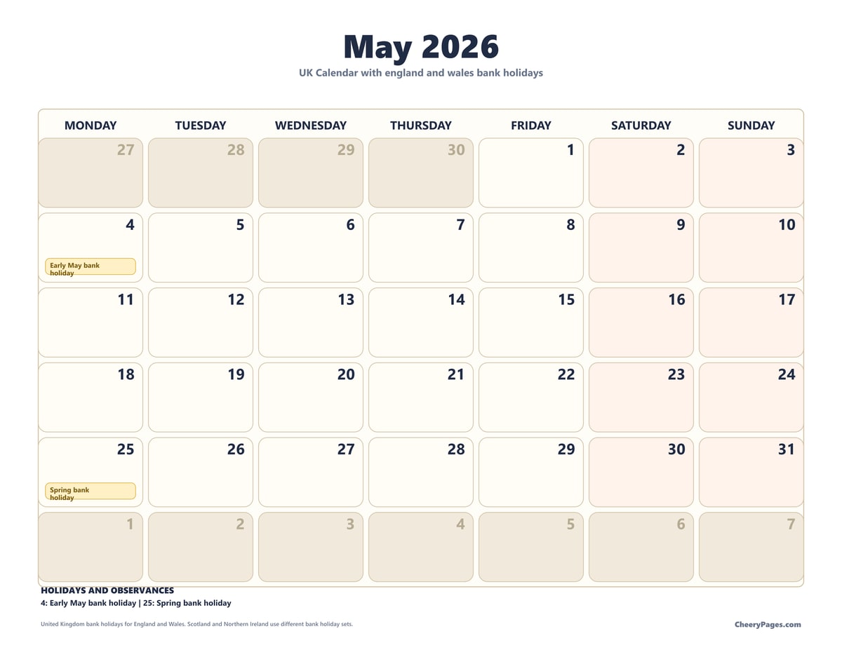 UK May 2026 Calendar - Classroom printable preview