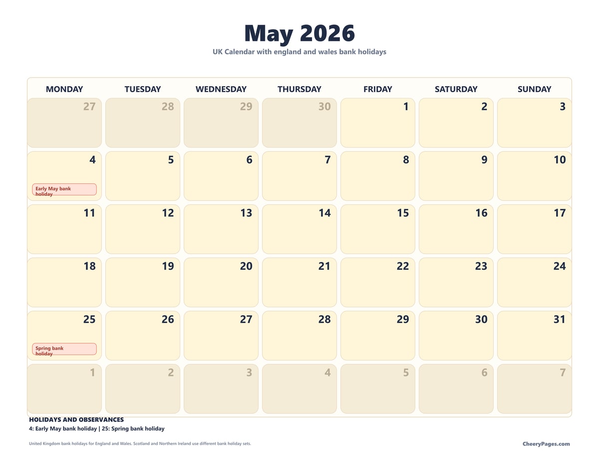 UK May 2026 Calendar - Clean printable preview