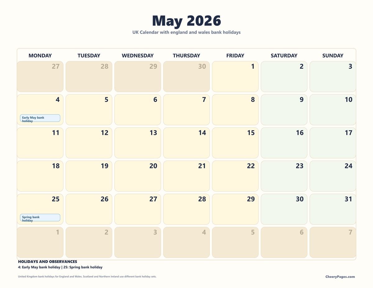 UK May 2026 Calendar - Family Planner printable preview