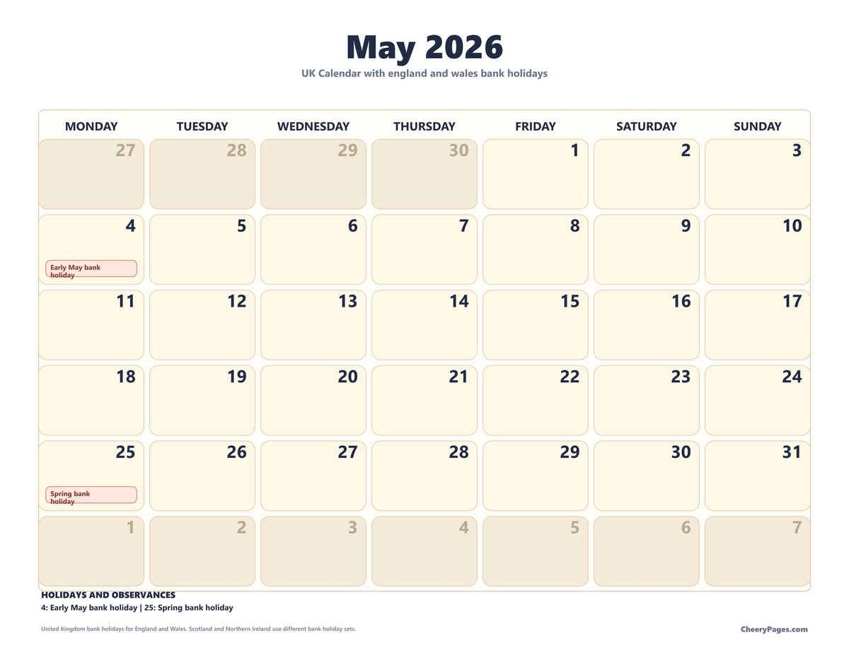 UK May 2026 Calendar - Large Print printable preview