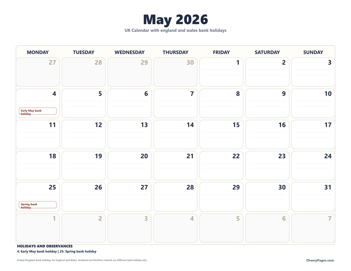 UK May 2026 Calendar - Minimal Ink printable preview