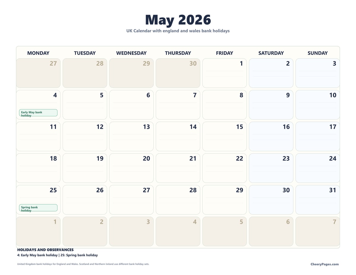 UK May 2026 Calendar - Notes printable preview