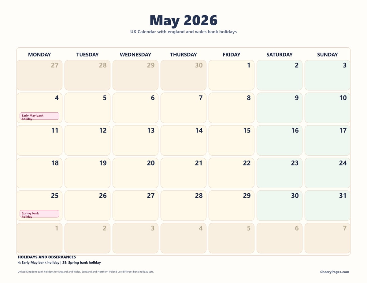 UK May 2026 Calendar - Pastel printable preview