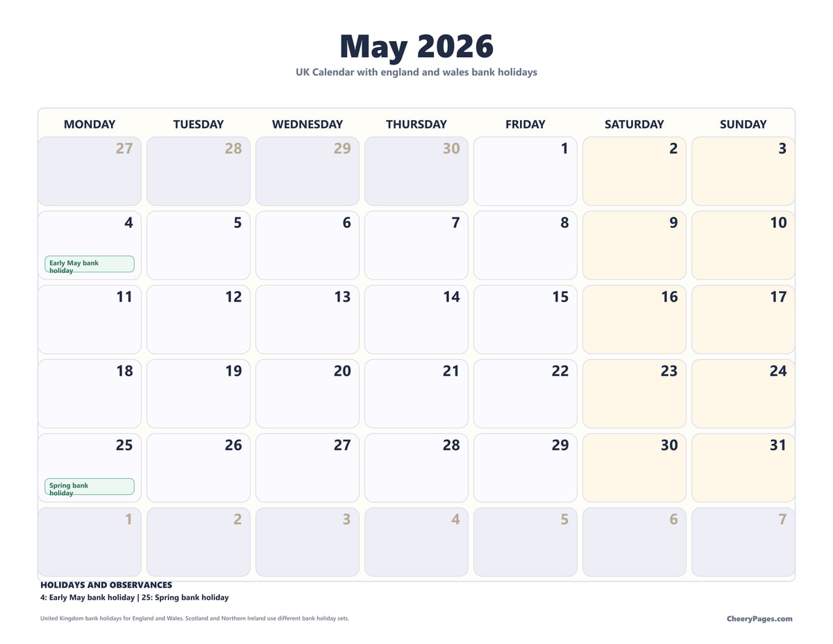 UK May 2026 Calendar - Soft Grid printable preview