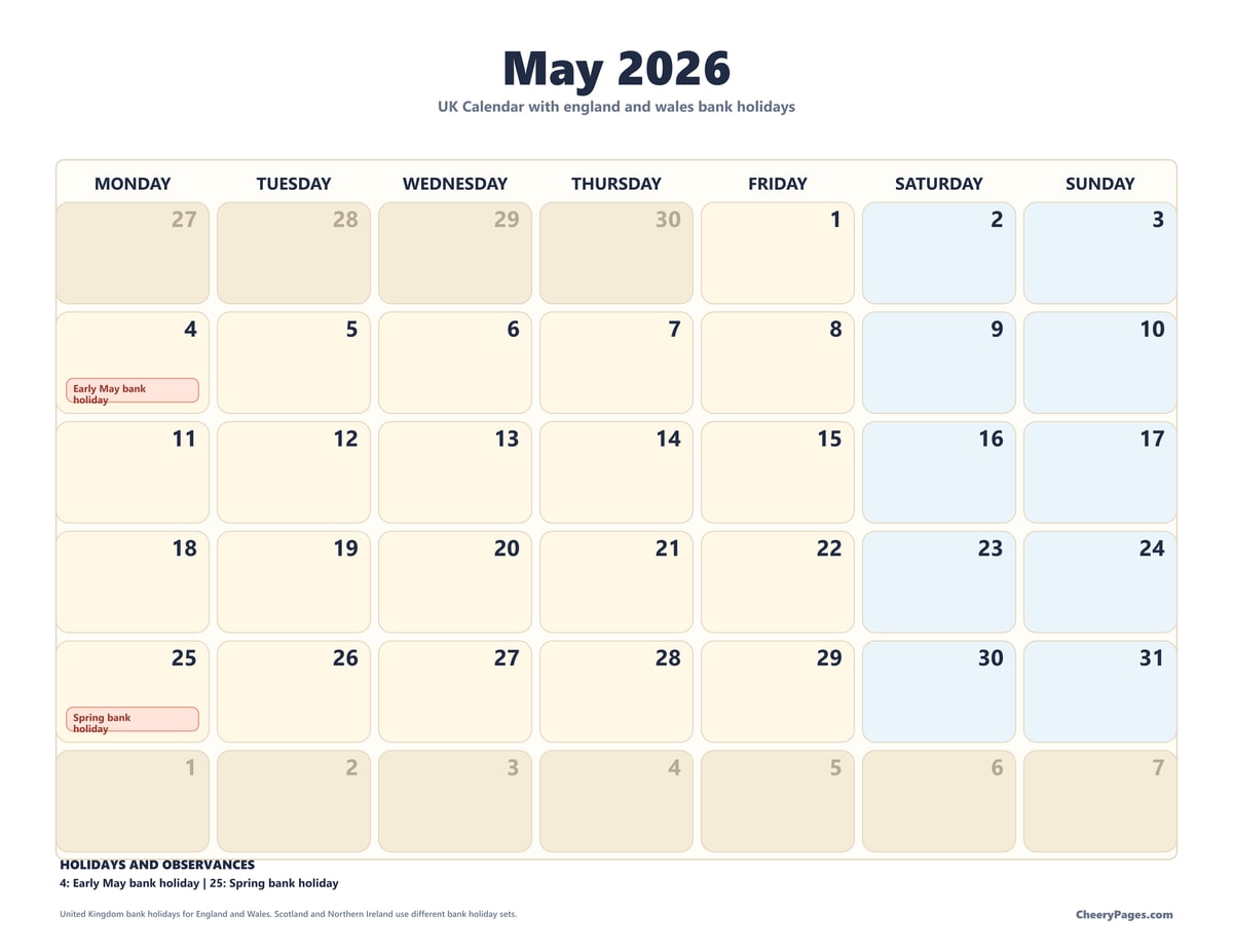 UK May 2026 Calendar - Weekend Shaded printable preview