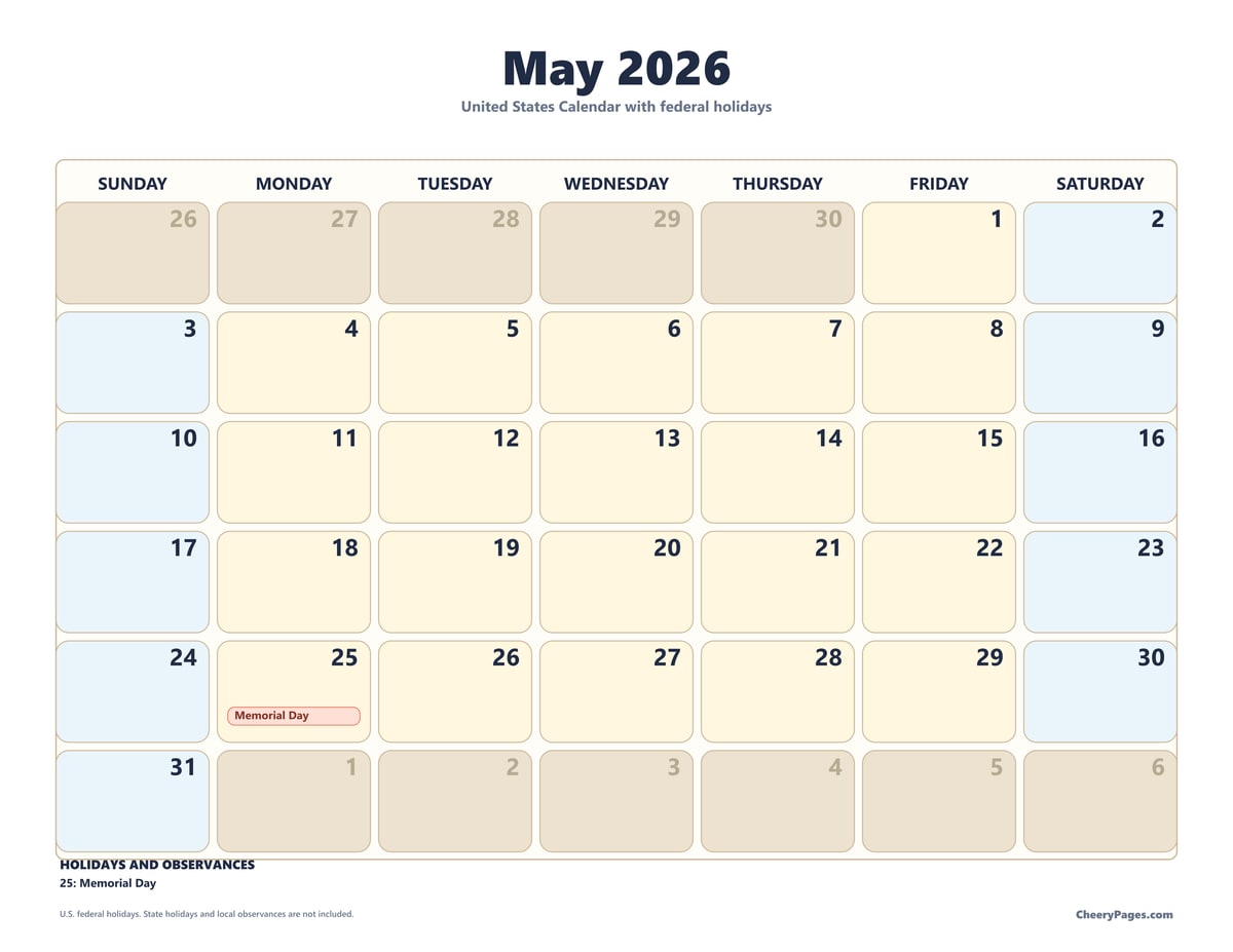 US May 2026 Calendar - Bold printable preview