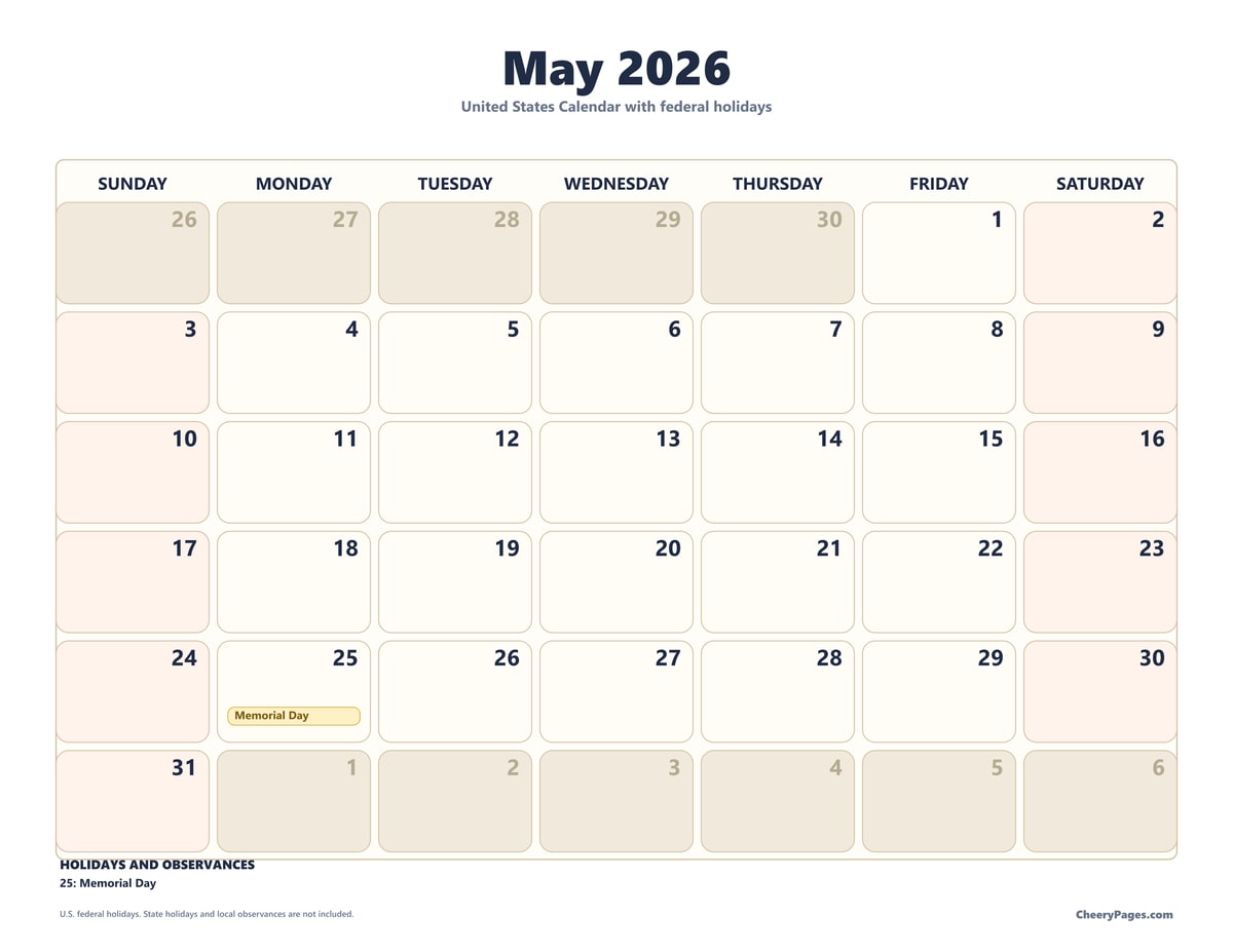 US May 2026 Calendar - Classroom printable preview