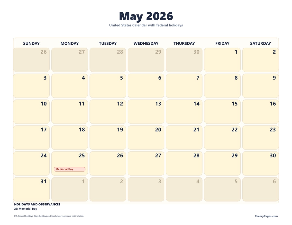 US May 2026 Calendar - Clean printable preview
