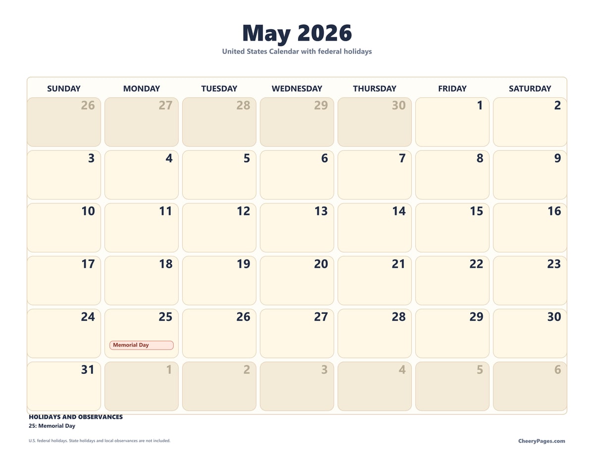 US May 2026 Calendar - Large Print printable preview