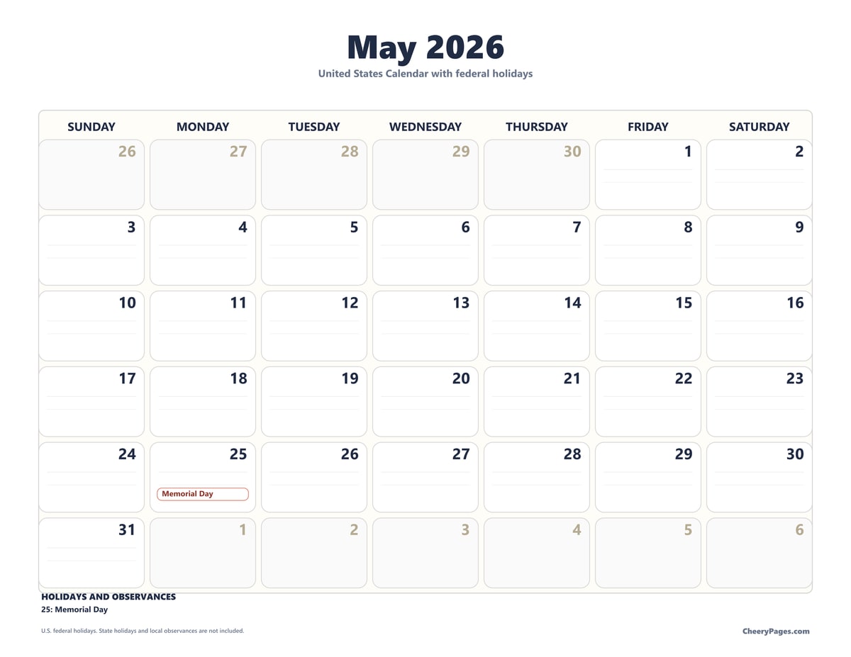US May 2026 Calendar - Minimal Ink printable preview