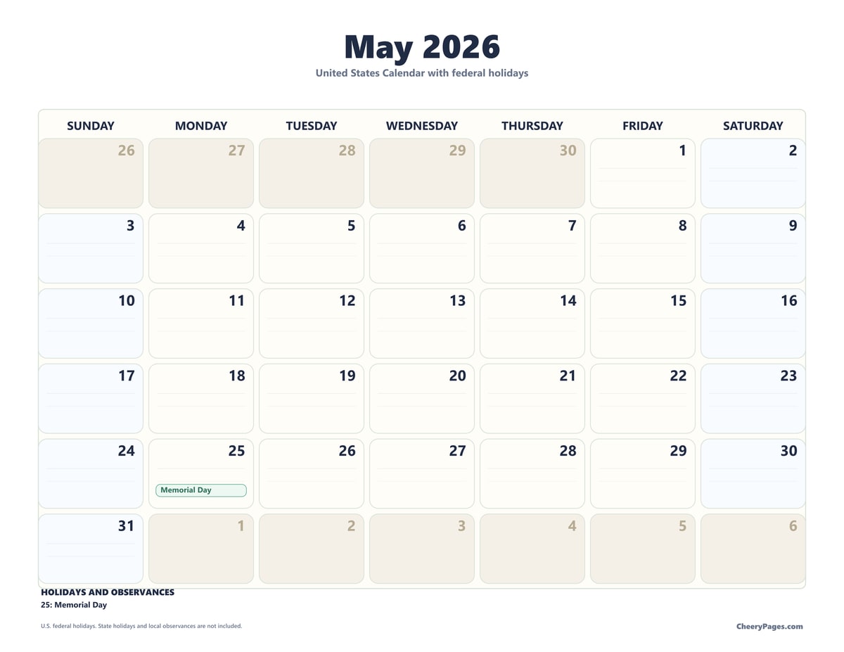 US May 2026 Calendar - Notes printable preview