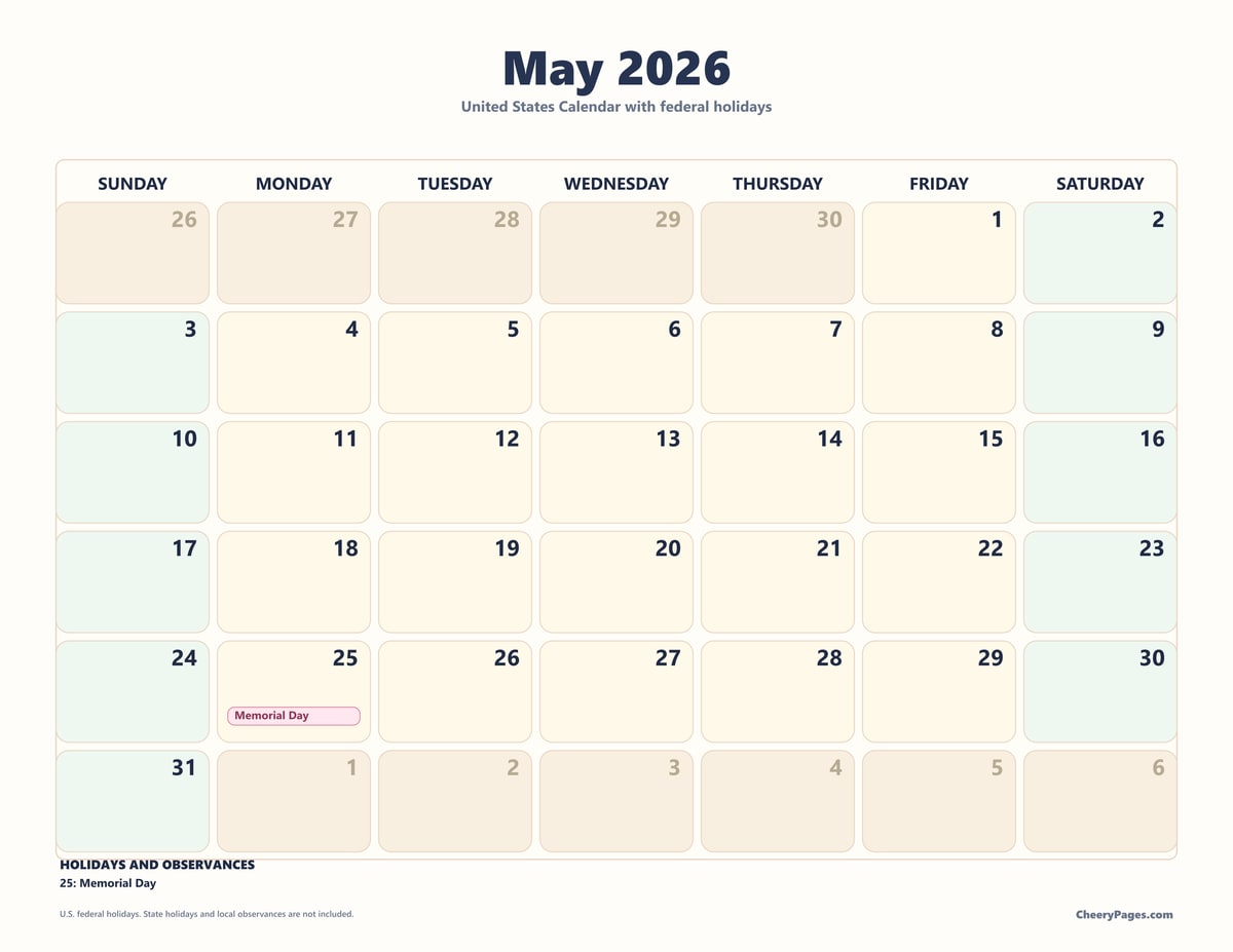 US May 2026 Calendar - Pastel printable preview