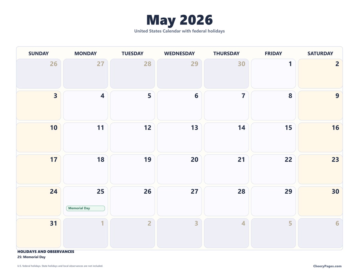 US May 2026 Calendar - Soft Grid printable preview