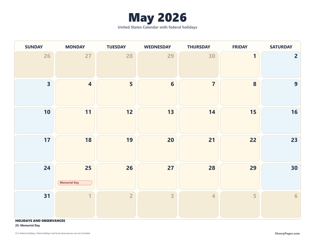 US May 2026 Calendar - Weekend Shaded printable preview