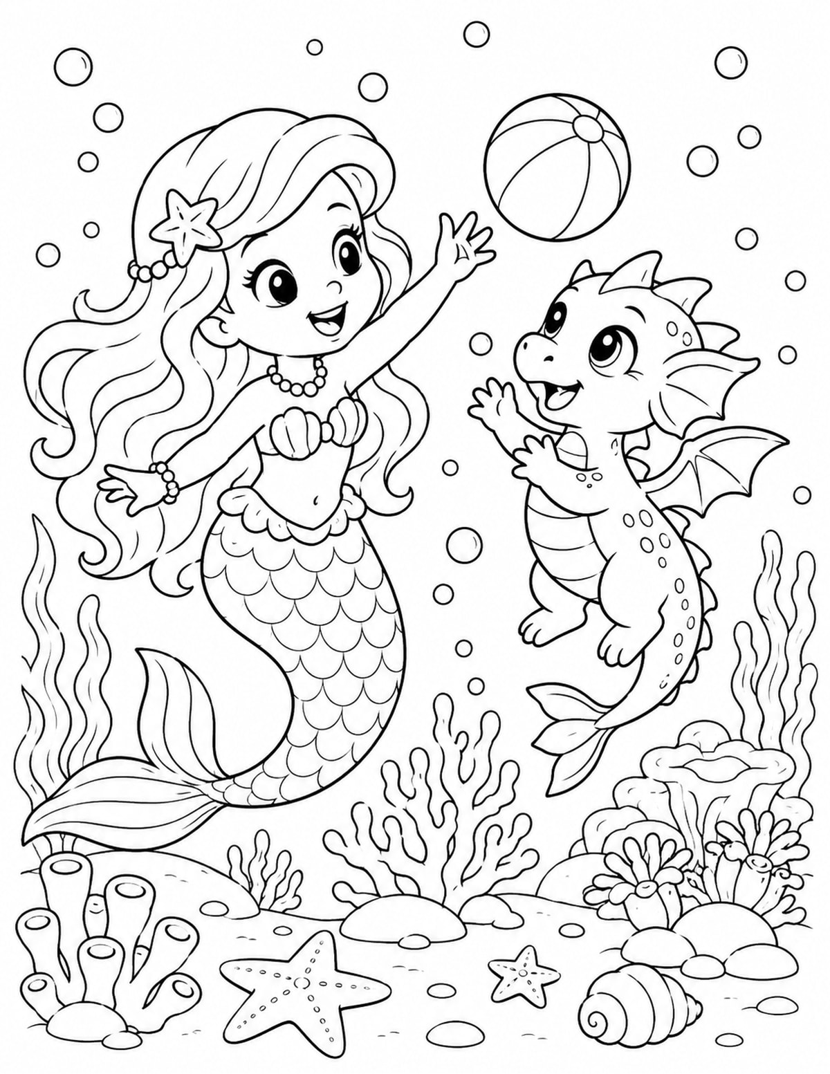 Mermaid and Baby Sea Dragon Playing near Coral printable preview