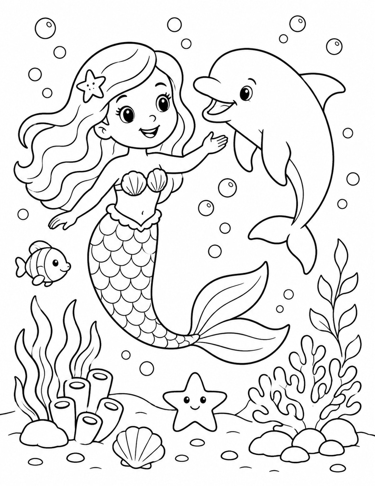 Mermaid and Dolphin Swimming Together in a Playful Ocean Scene printable preview
