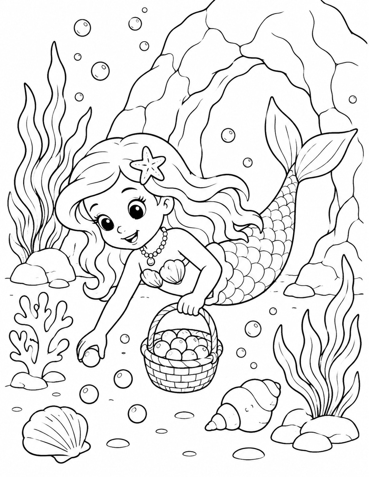 Mermaid Collecting Pearls in a Small Basket near an Ocean Cave printable preview