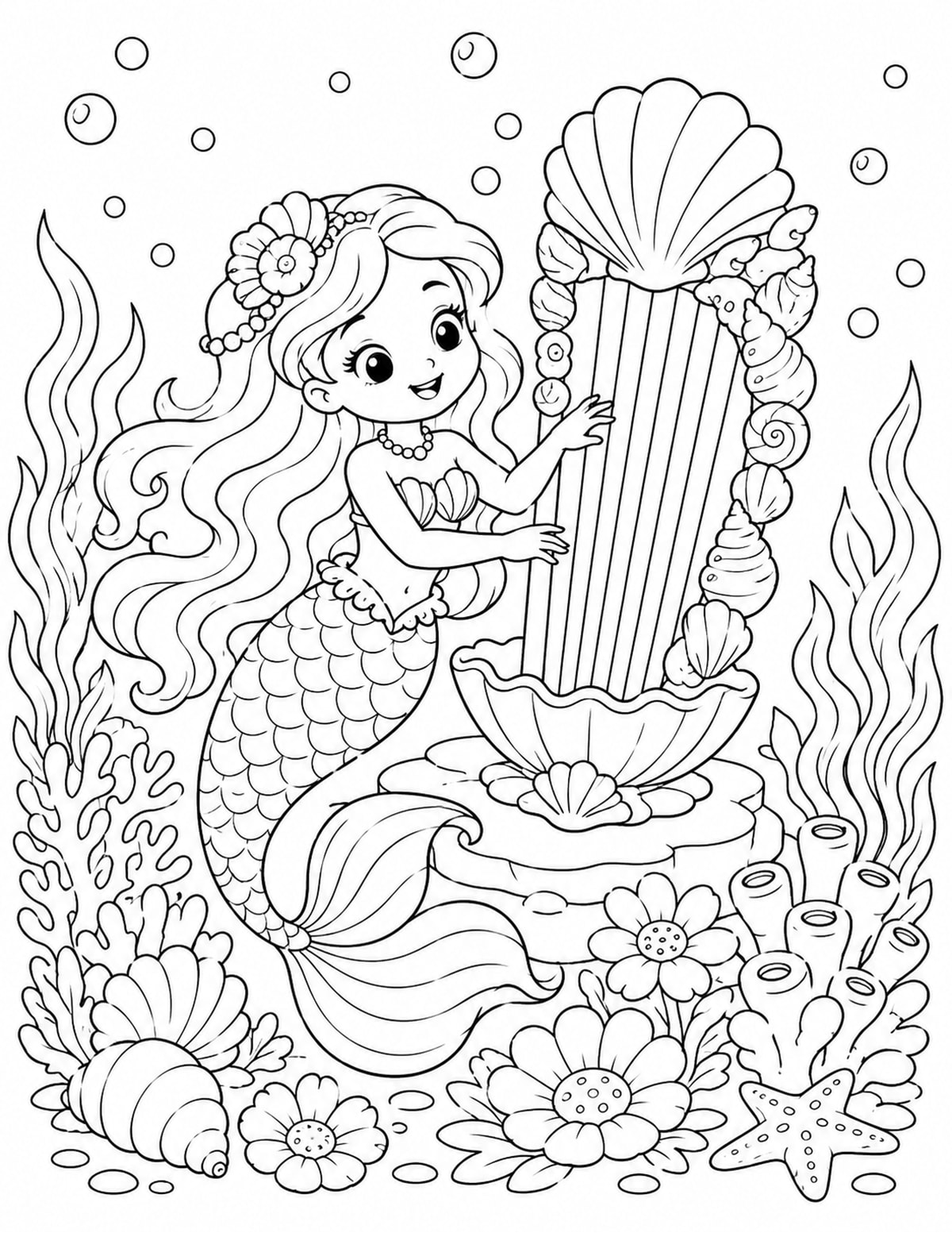 Mermaid Playing a Harp Made of Shells in an Underwater Garden printable preview