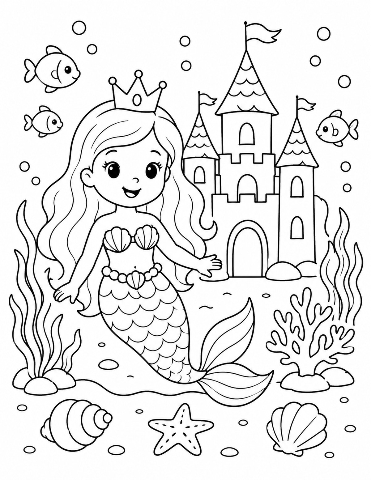 Mermaid Princess Wearing a Simple Crown near an Underwater Castle printable preview