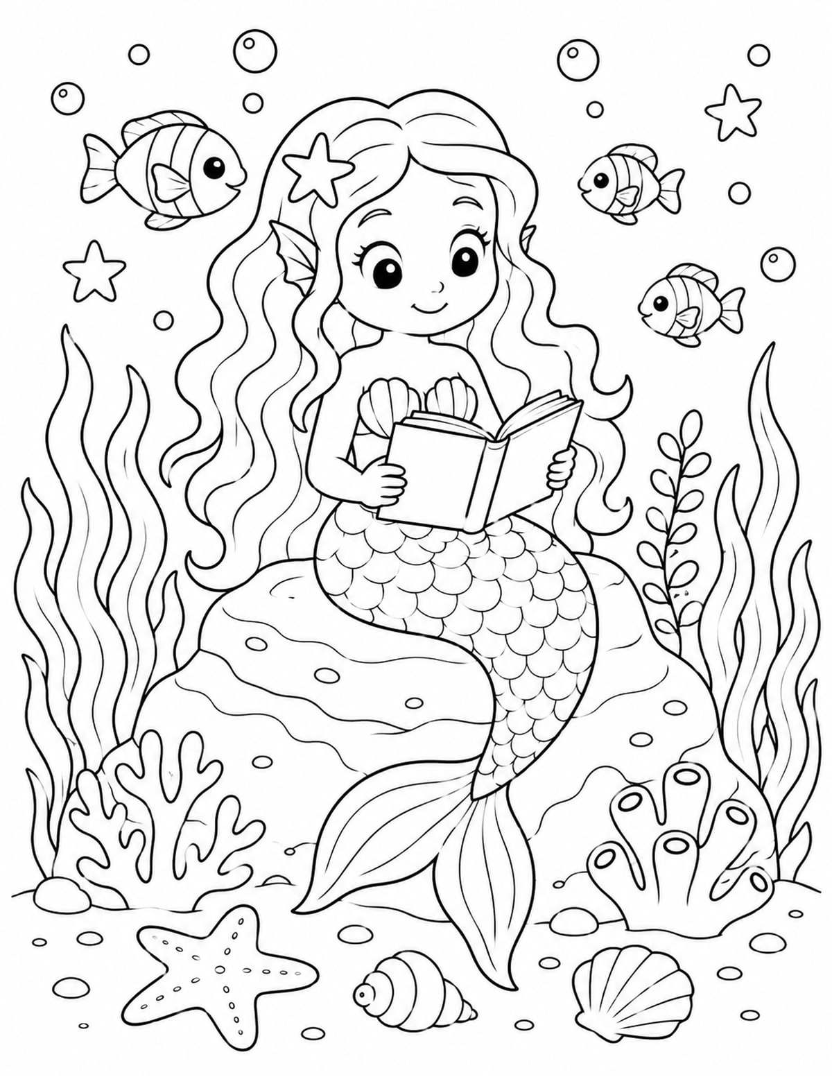 Mermaid Reading a Book on an Underwater Rock printable preview