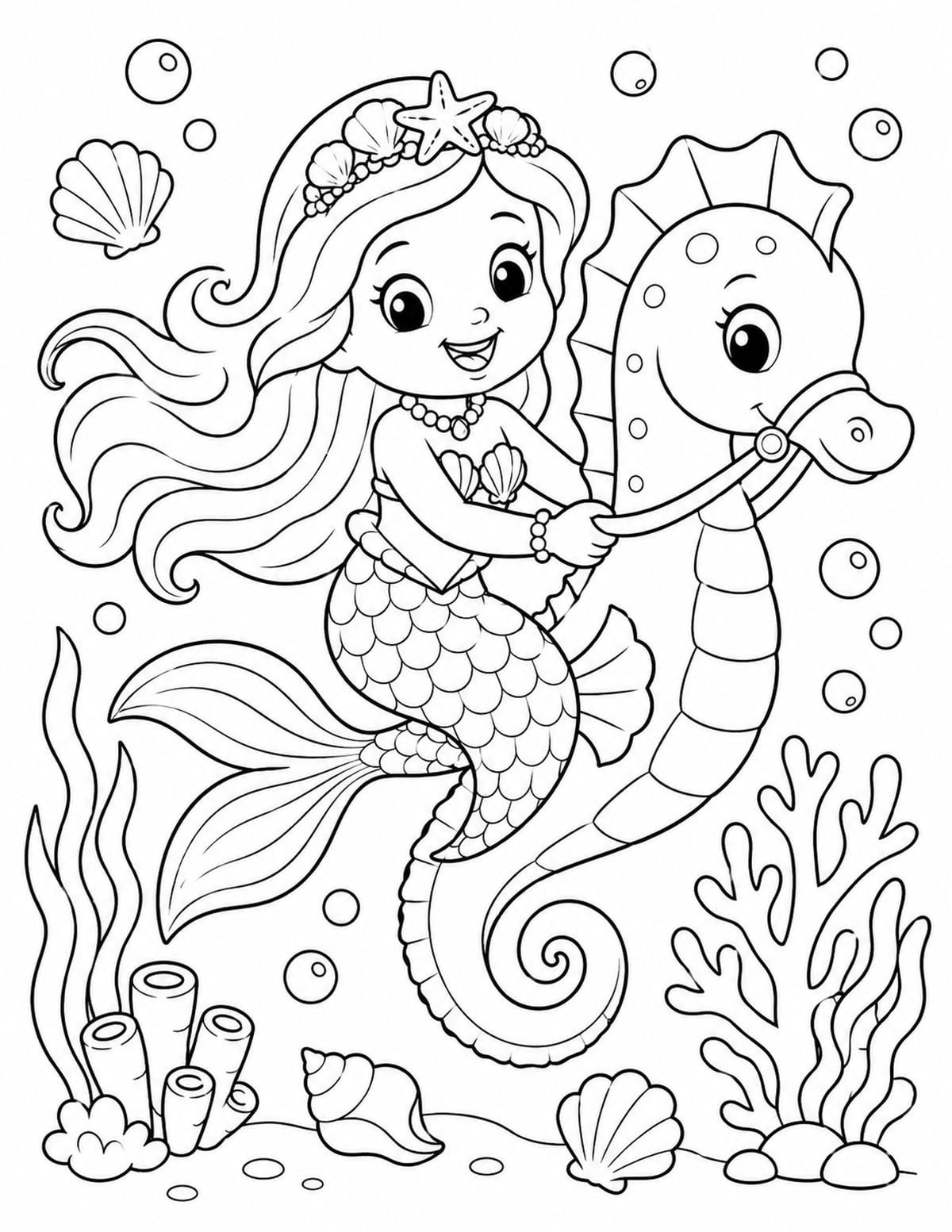 Mermaid Riding on a Gentle Seahorse printable preview