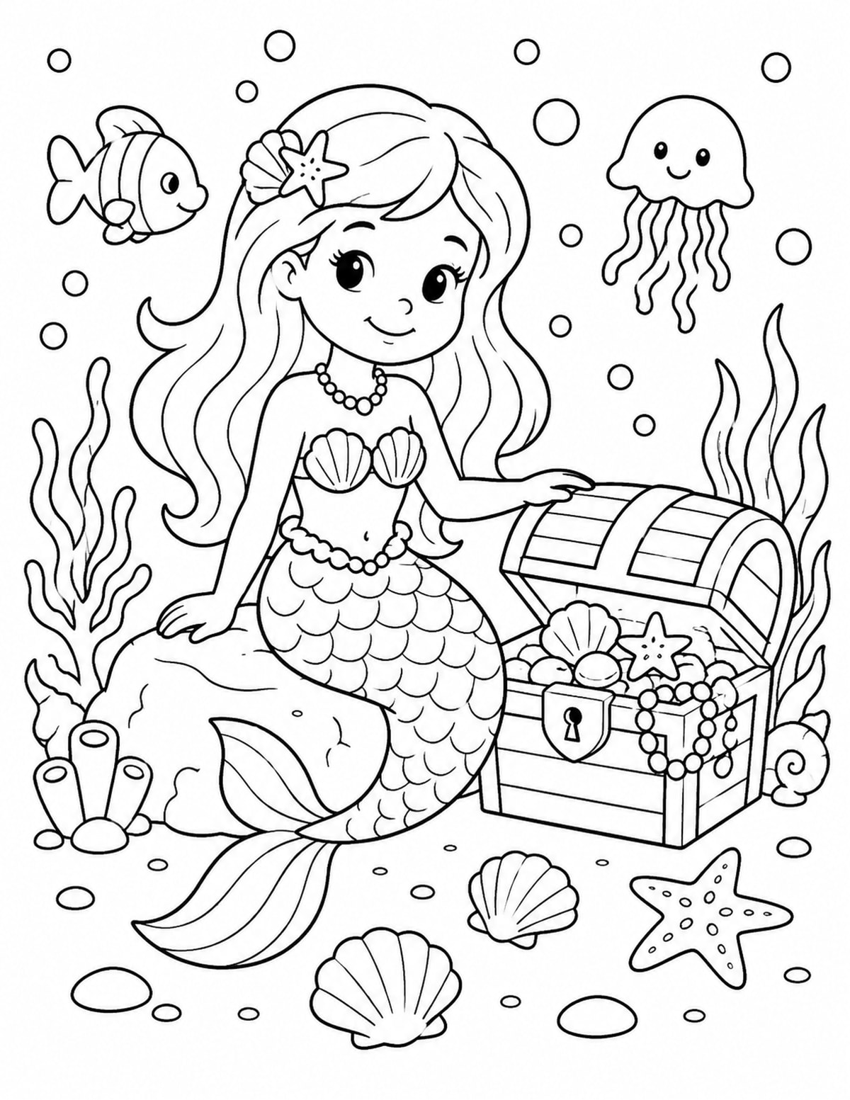 Mermaid Sitting beside a Treasure Chest printable preview
