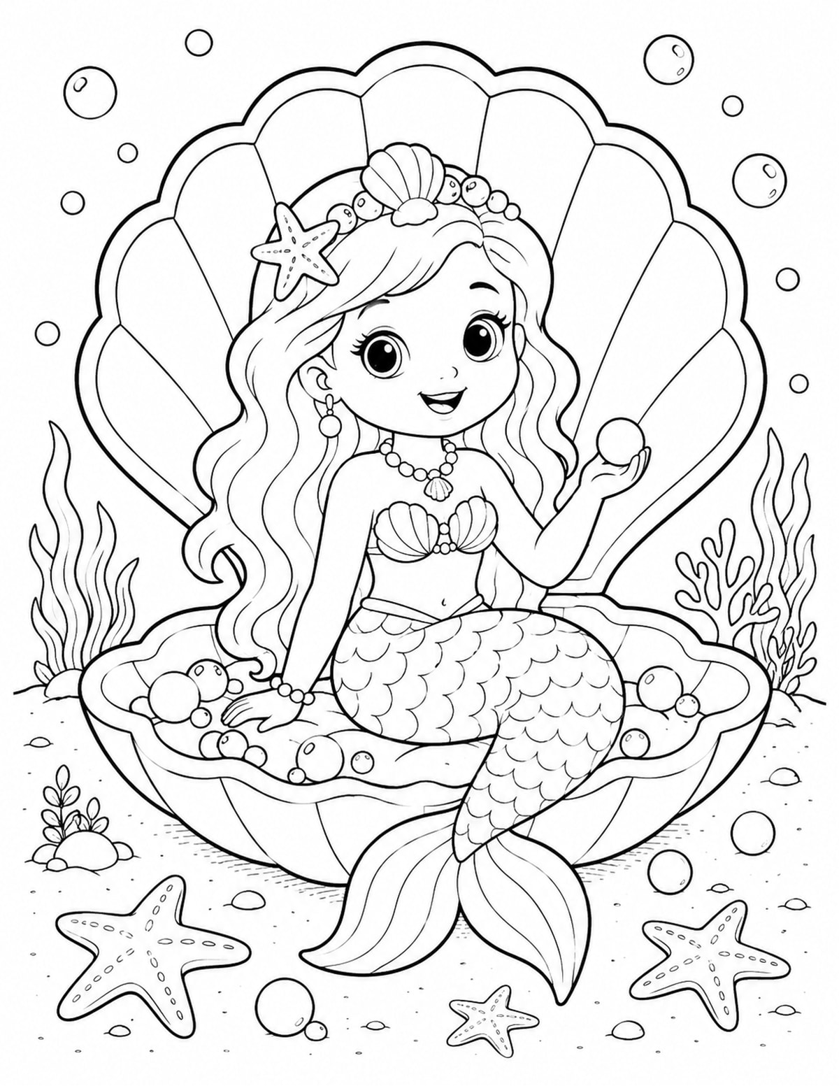 Mermaid Sitting Inside a Giant Seashell printable preview
